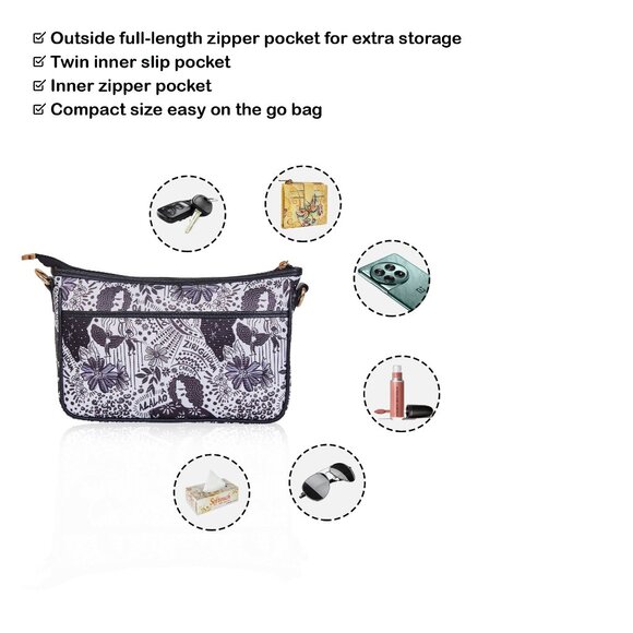 Printed Fabric Black East/West Hobo Crossbody Sling Bag Over the Shoulder Purse - Picture 4 of 8